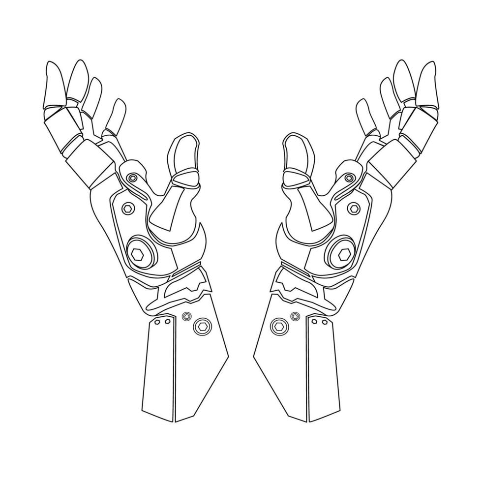 Robot or Android Cupped Hands Line art drawing. Artificial intelligence and modern technology concept. Two open robot arms folded together illustration. Bionic hands outline drawing vector