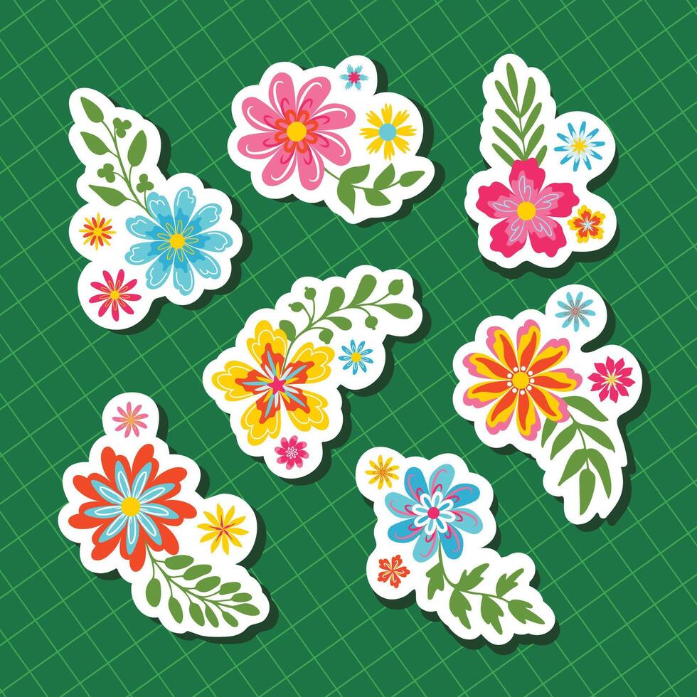Floral stickers in bright retro colors on grid vector