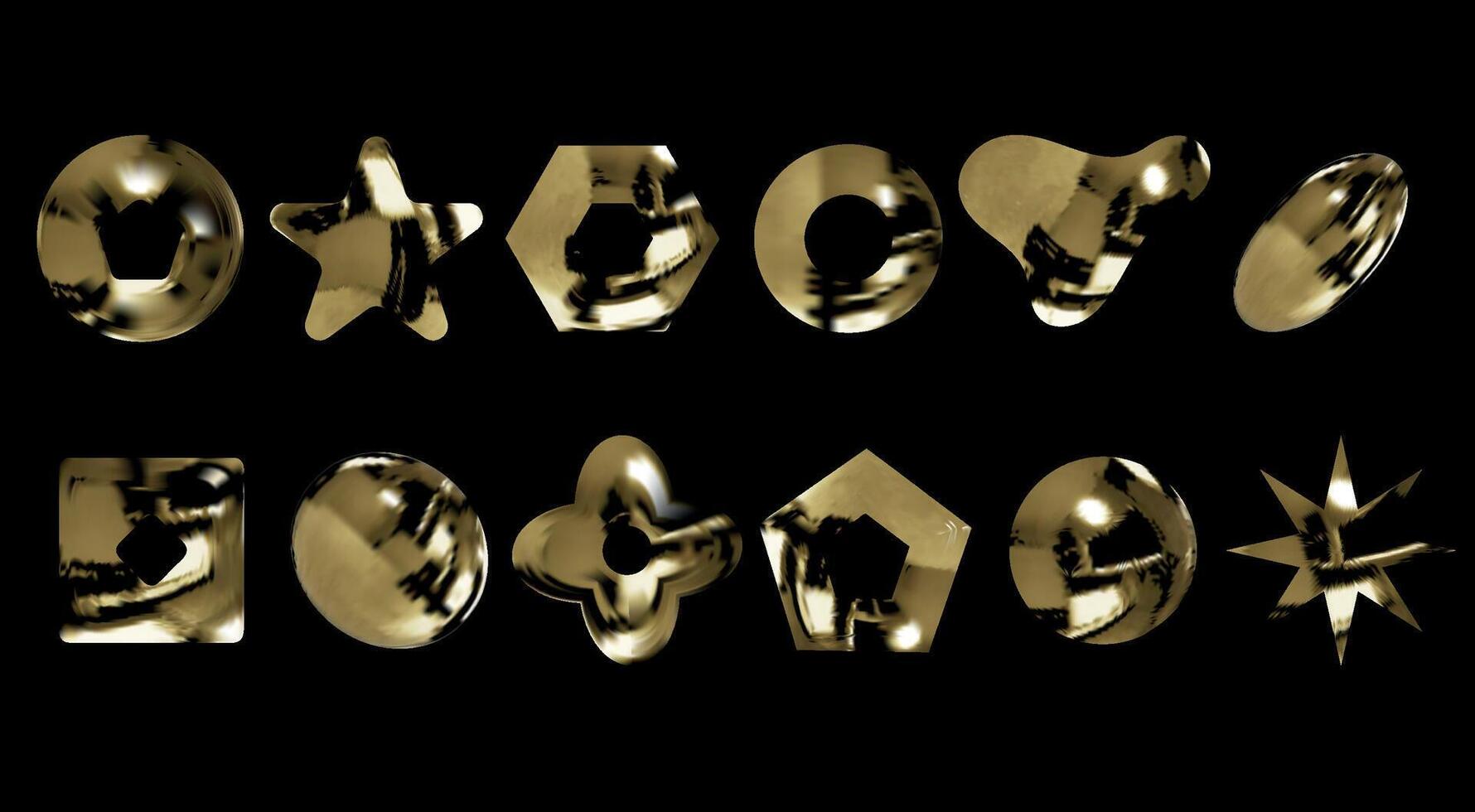 Gold metal reflective elements for design, set on a black background. Retro simple geometric shapes with metallic effect. abstract figures with a shiny reflective surface vector