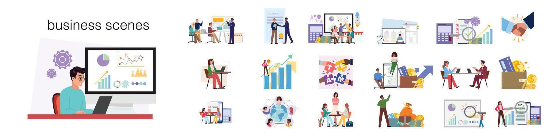 Business scenes with diverse people on white background vector