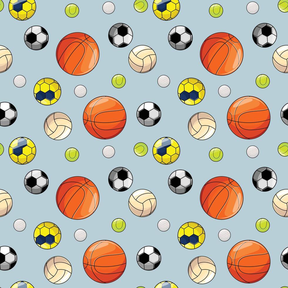 Seamless pattern featuring various sports balls including soccer, handball, volleyball, tennis, golf and basketball on grey background vector