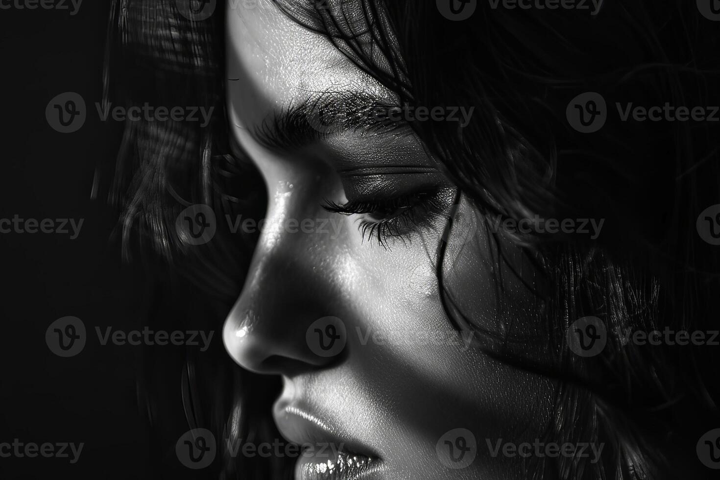 A stunning female portrait in black and white with deep shadows. AI generate photo