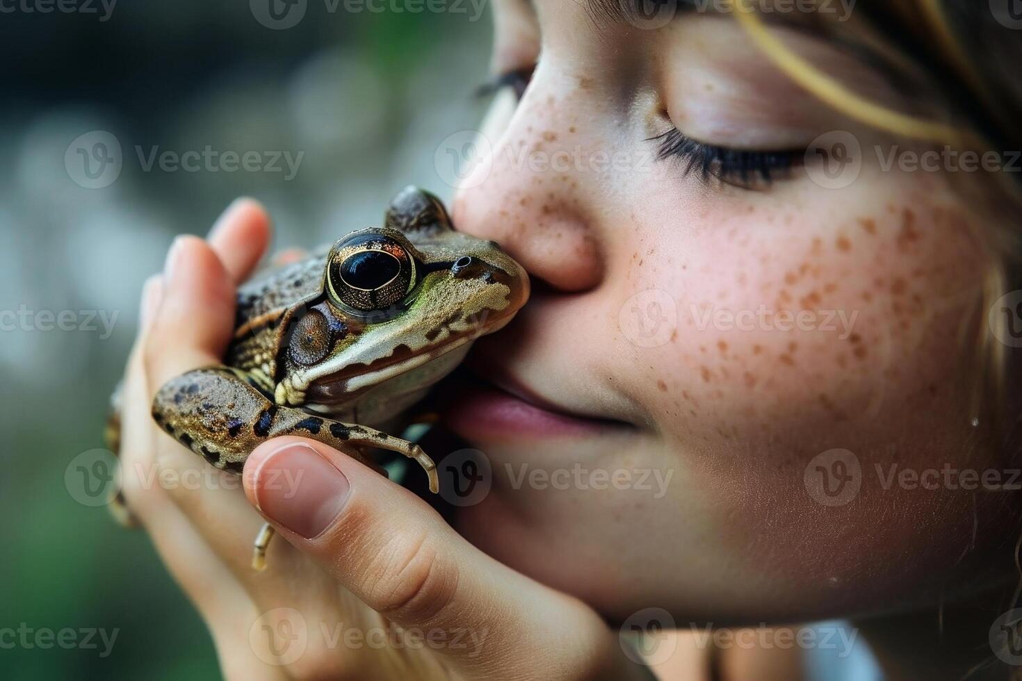 A close up of a young woman kissing a frog. photo