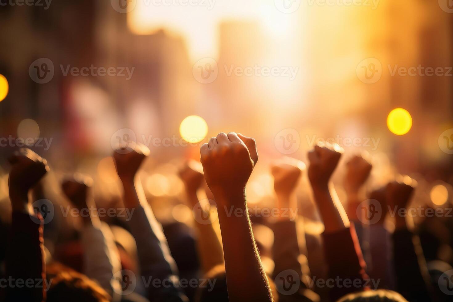 A group of people raising their fist as a symbol of protest with bokeh background. photo