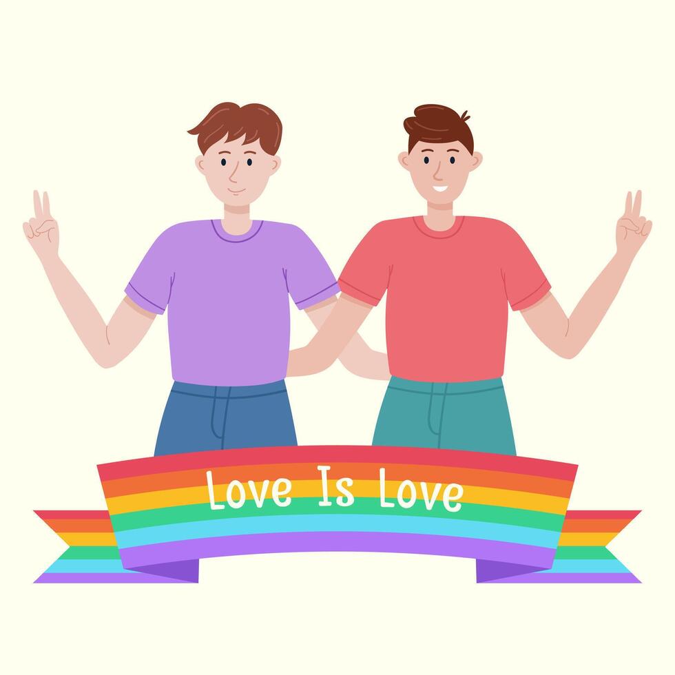 LGBTQ pride month social media post, poster, banner template with two men and rainbow flag vector