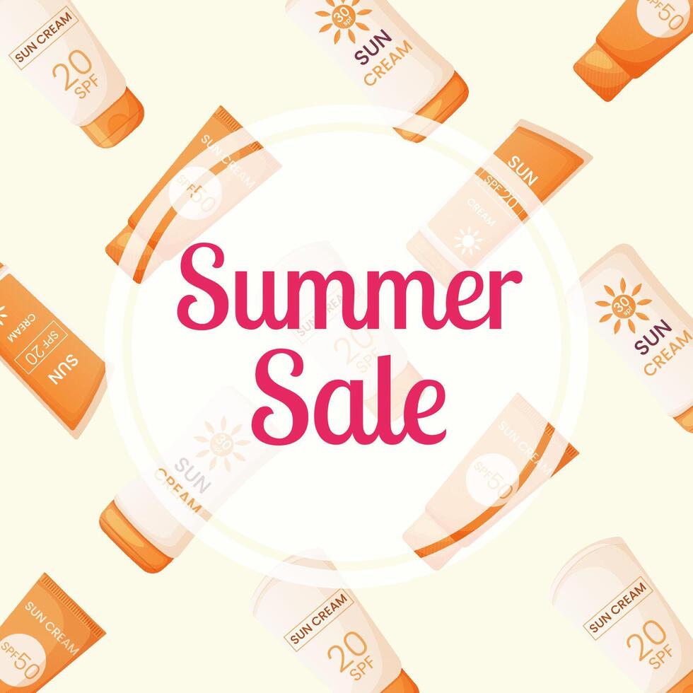 Summer sale card, banner, social media post concept with sunscreen background vector