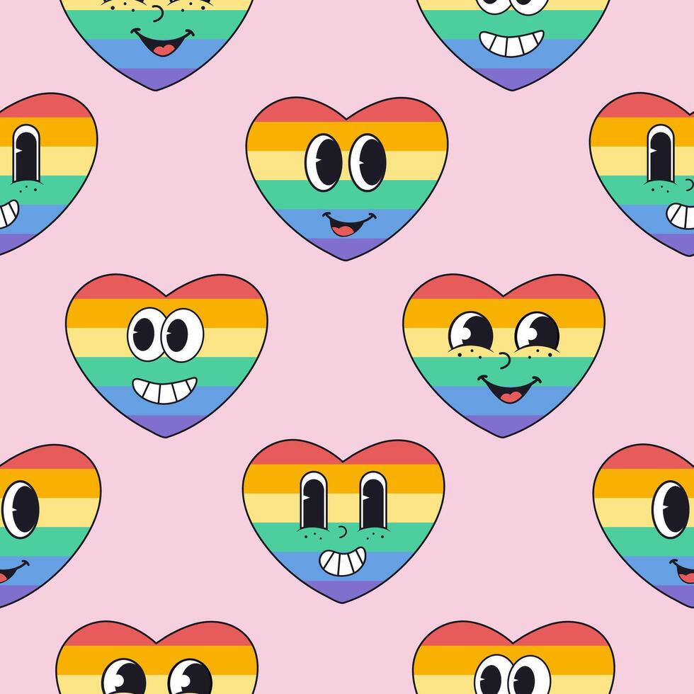 Pattern with rainbow retro groovy heart. LGBTQ print vector