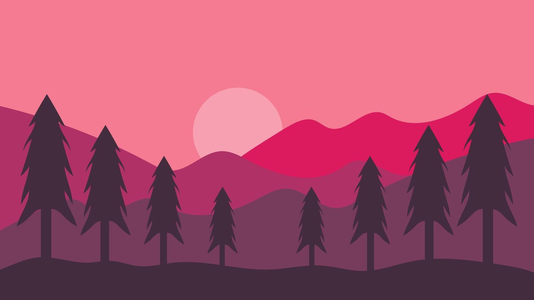Sunset mountains landscape. pine trees and mountains silhouettes. forest background vector