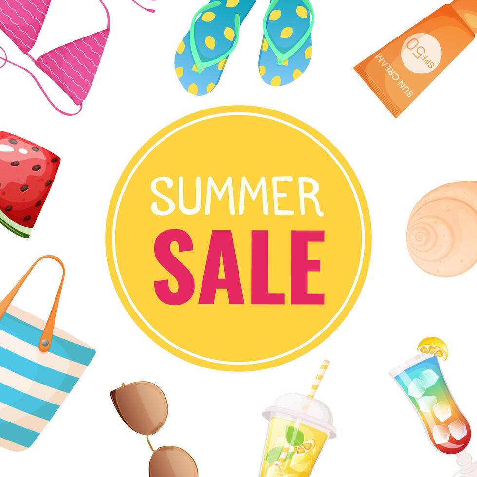 Summer sale social media post template. Banner, poster with summer elements sunscreen, sunglasses, shell, lemonade, cocktail, swimsuit, watermelon vector