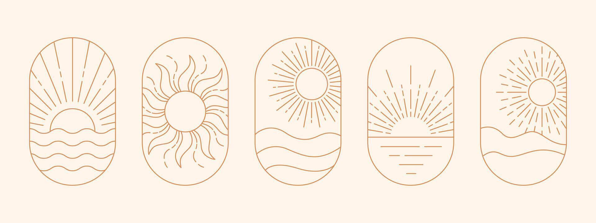 Abstract bohemian outline frames with sun. Sunset, sunburst, sunbeam line art. illustration vector