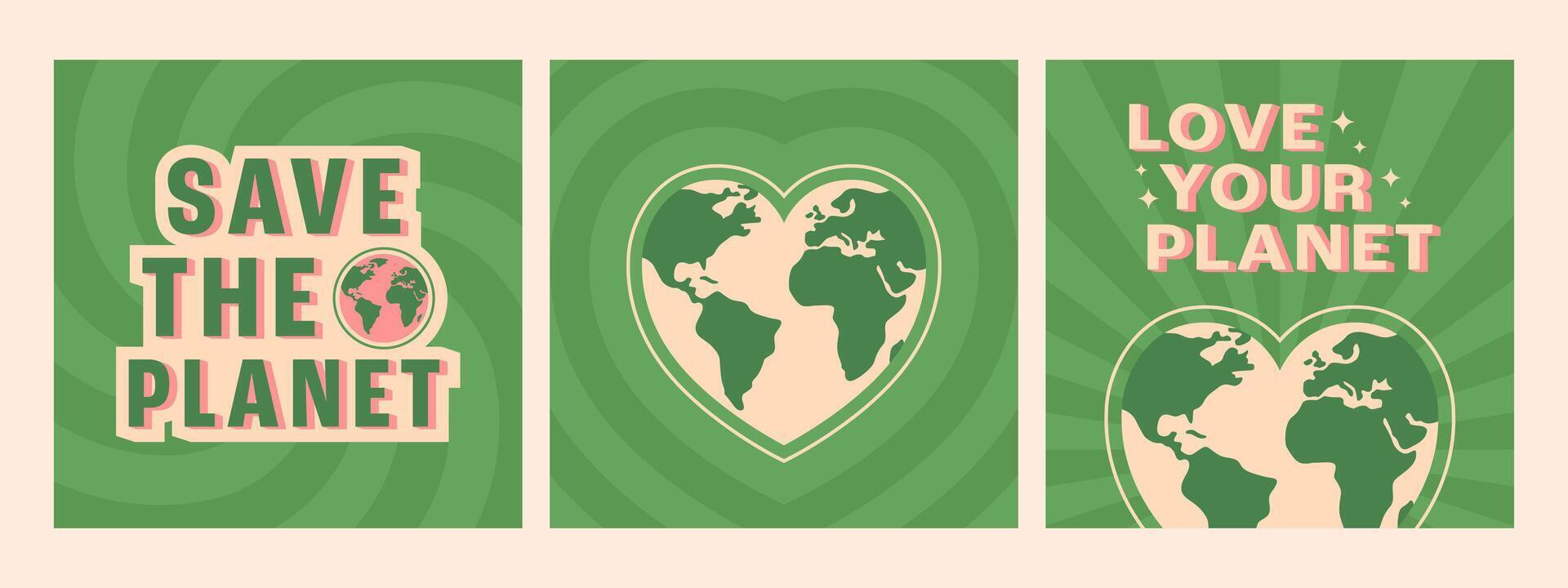 Ecology square poster templates in flat style. Save the planet and love your planet phrases. illustration vector