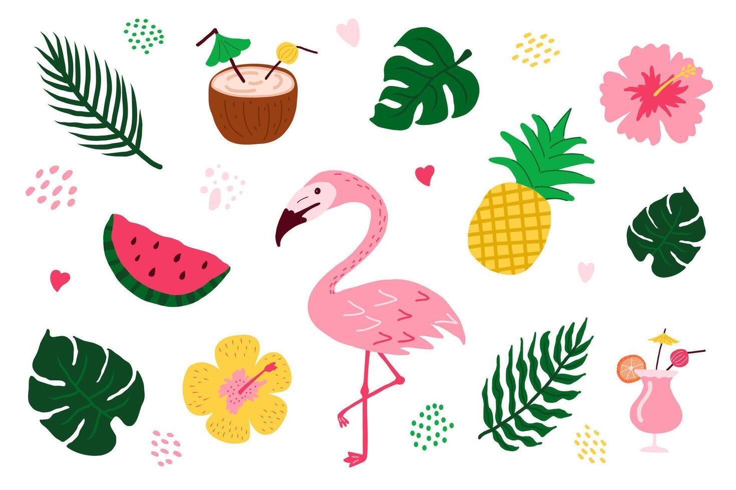 trópico floral ilustraciones, palma hojas, hibisco, piña, flamenco, exótico flores, sandía, naranja, batidos, jugo, batido, cóctel. vistoso y linda Hawai vacaciones conjunto vector