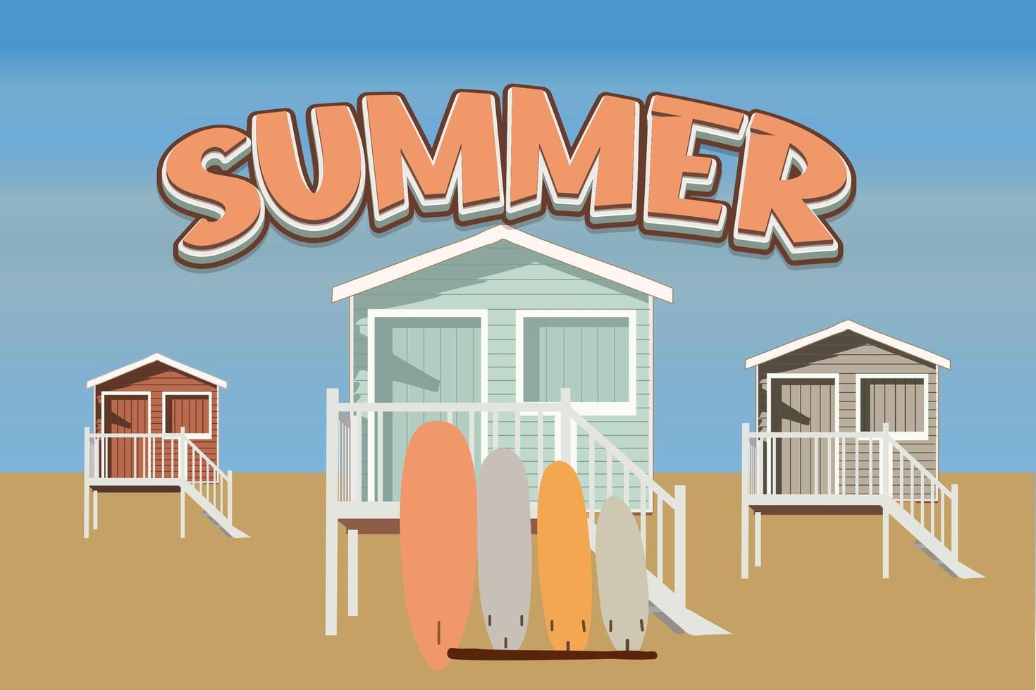 Summer house and surfboard with beach illustration wooden hut for tourists on holiday at the beach. vector