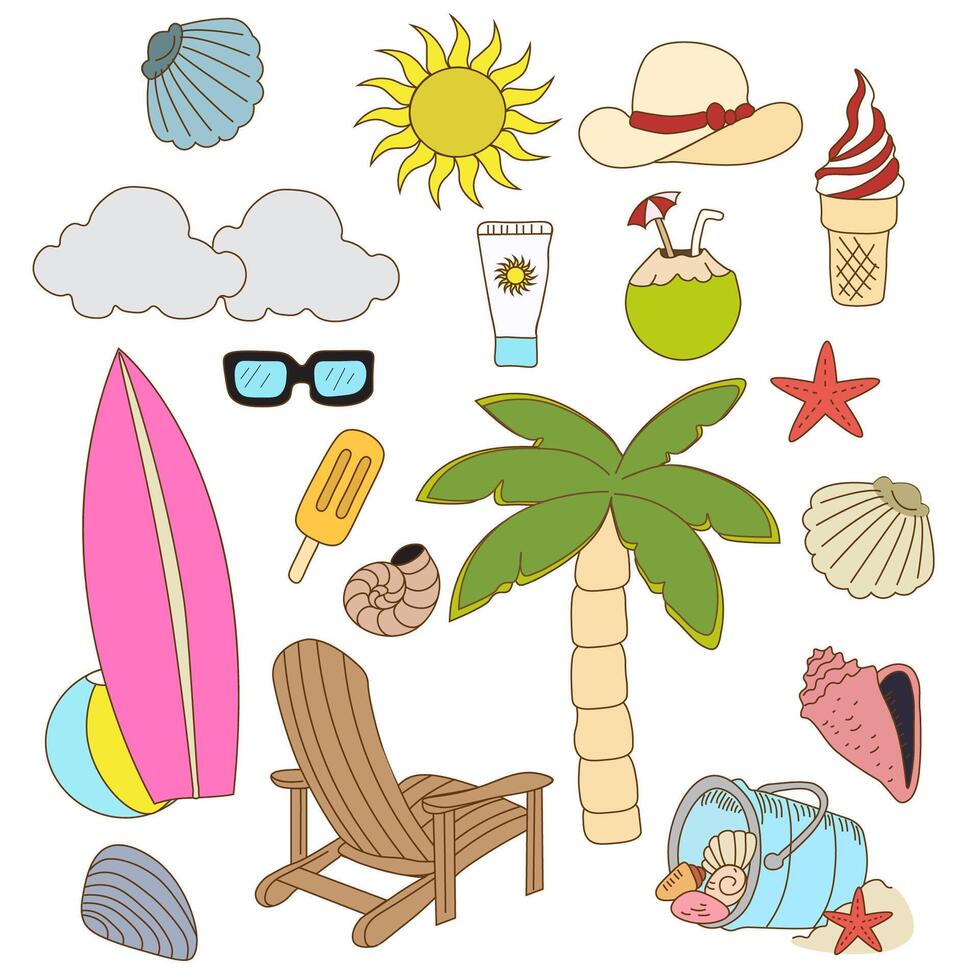 Cartoon summer elements, beach, and summertime accessories illustration set. There are palms, surfing boards, umbrellas, and sunglasses. Isolated background vector