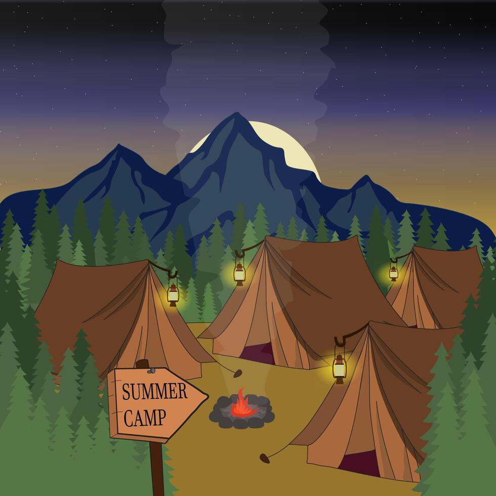 Morning camp in a forest with four tents and a campfire. Landscape view on a campsite in the mountains on summer outdoor vacation. vector