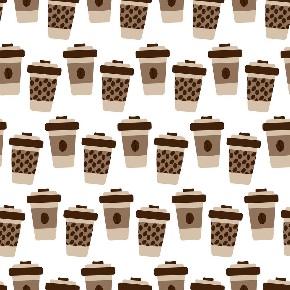 Disposable cups with lid, patterned holder and coffee beans Seamless pattern Background concept idea in trendy soft warm shades Isolate EPS Coffee Day greetings or wallpaper design Isolate EPS vector