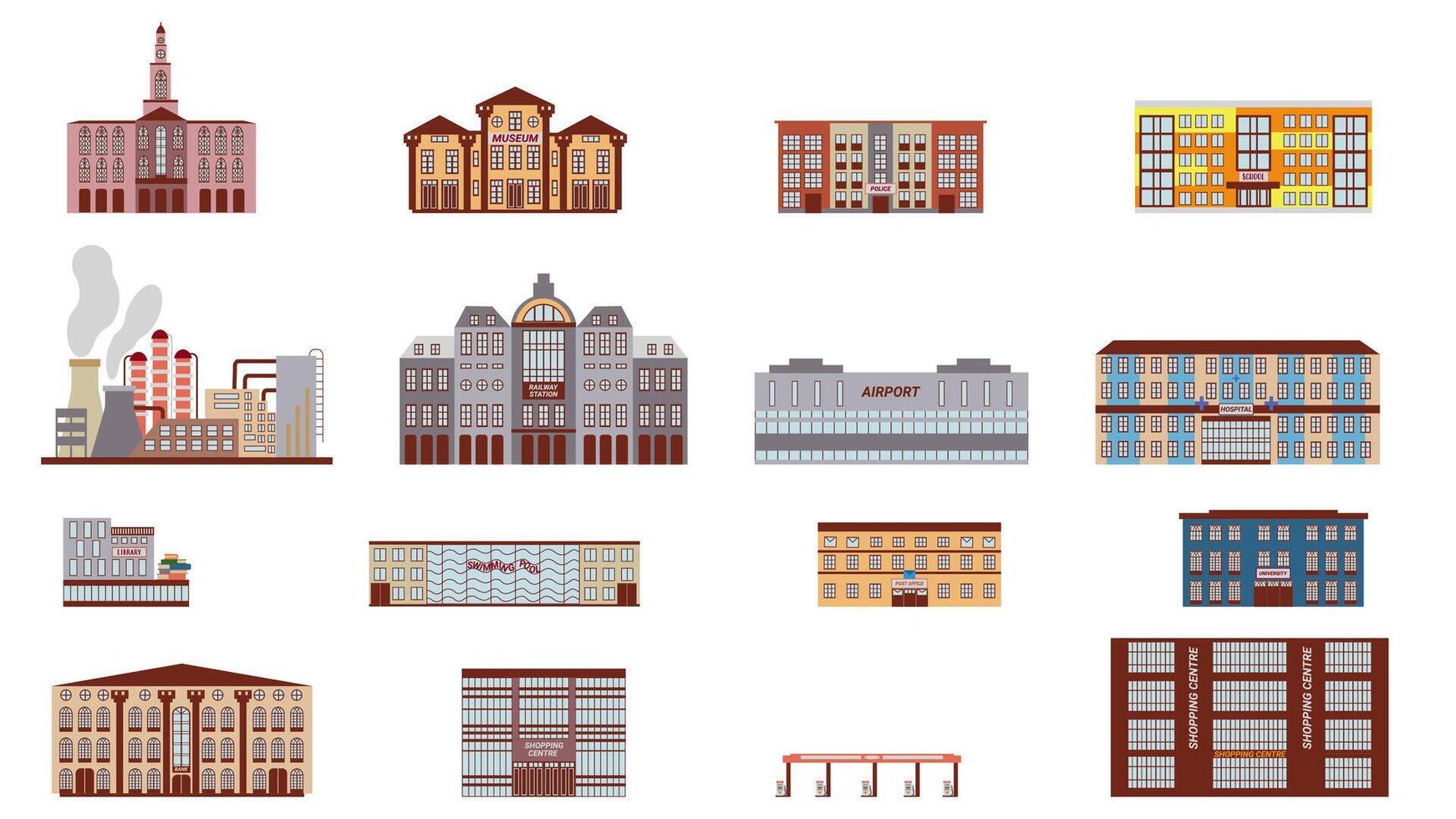 Set of icons of city buildings, elements of urban infrastructure, illustrations in a flat style. vector
