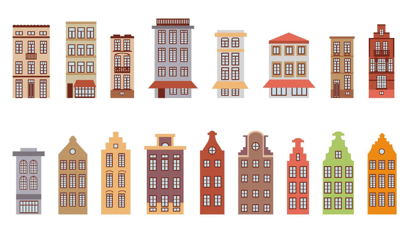 Set of old houses in the historical center of the city, elements of urban infrastructure, illustrations in a flat style. Cute European houses. vector