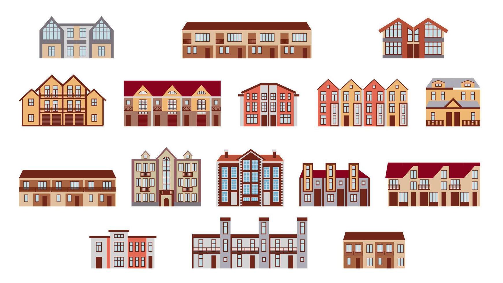 Set with duplexes and townhouses icons , modern country houses. vector