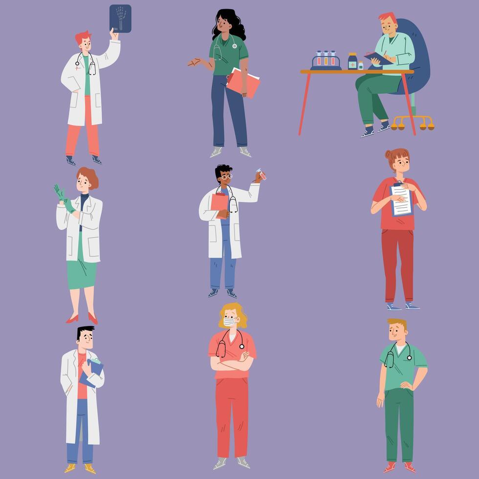 illustration of doctors and nurses in different poses vector