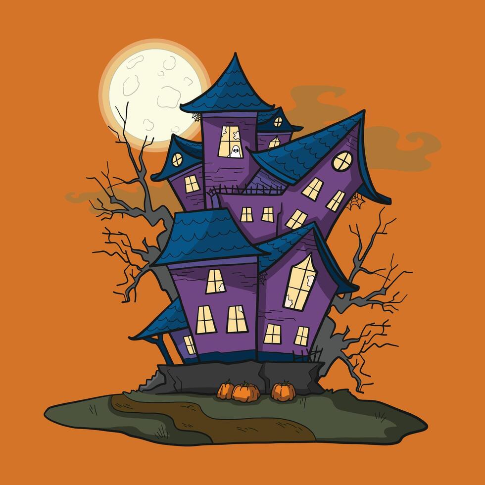 halloween house with pumpkins and bats on the roof vector