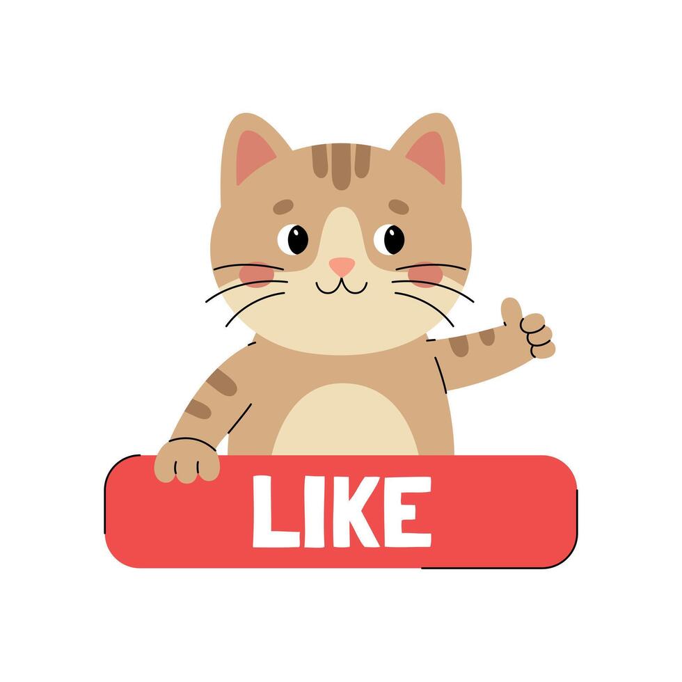 Sticker like with cute cat character showing thumbs up. Call to action sticker for social networks. Red button with animal. Illustration isolated on white background vector