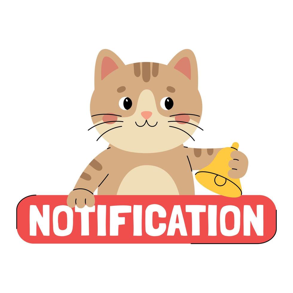 Sticker notification with cute cat character with bell. Call to action sticker for social networks. Red button with animal. Illustration isolated on white background vector