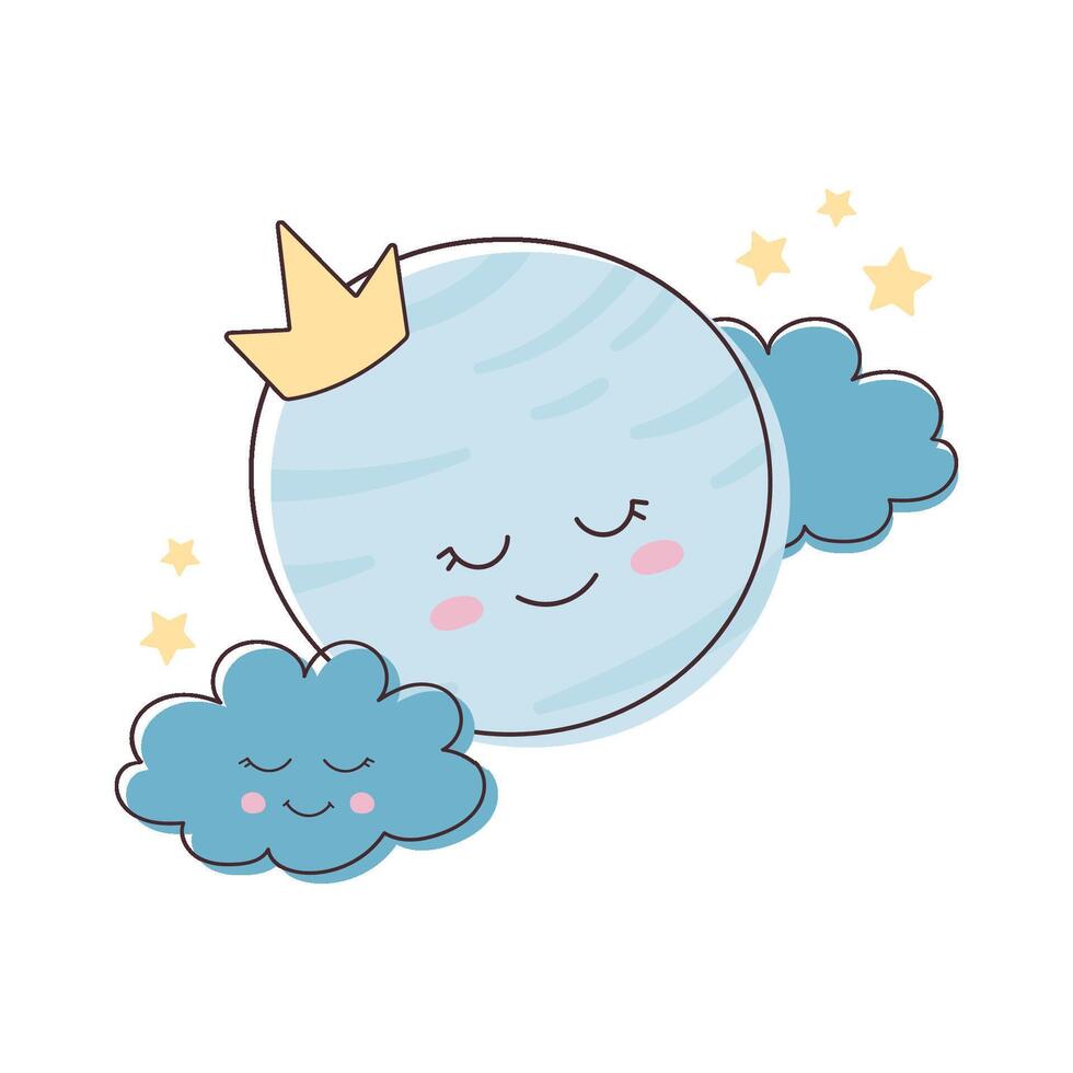 Cute cartoon planet with a crown sleeping among clouds and stars. Illustration for children vector