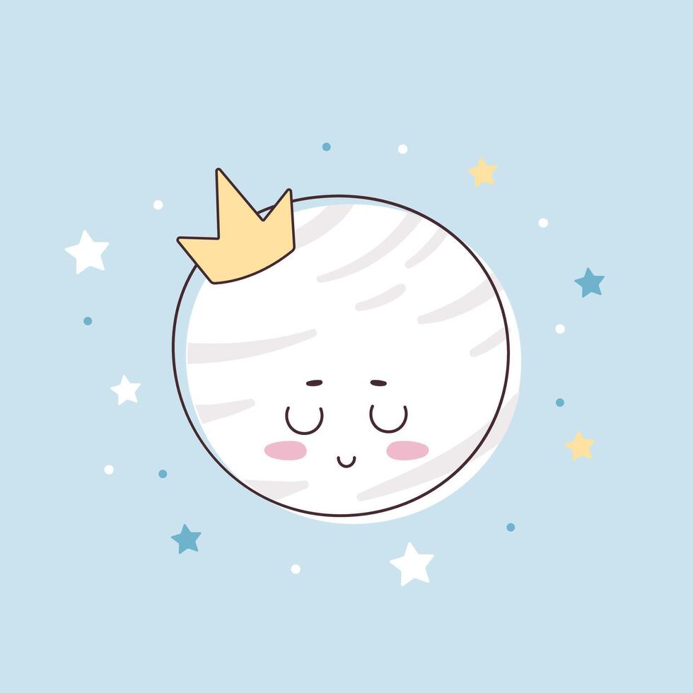 un pequeño dibujos animados planeta con un corona duerme en el cielo entre el estrellas. ilustración para niños vector