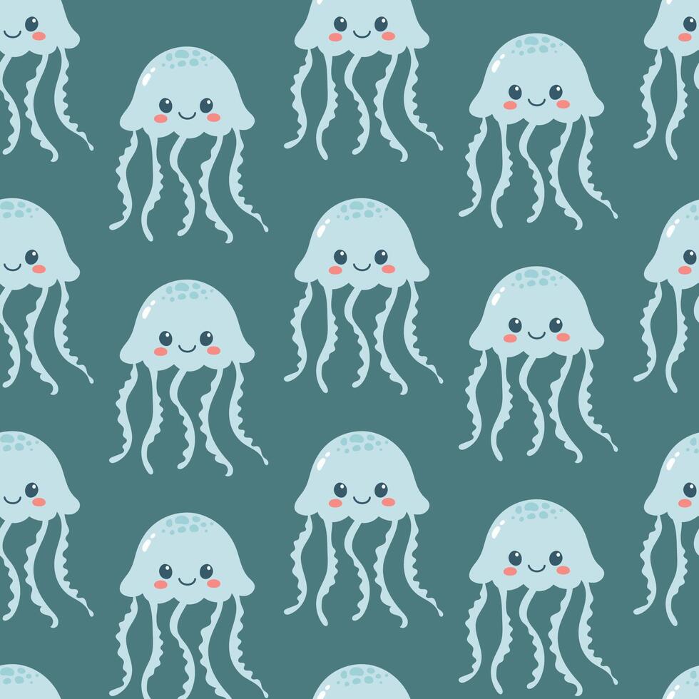 Seamless pattern of cute jellyfish on blue background. Marine life animals. Template for baby shower, print, fabric, greeting cards and invitation. vector