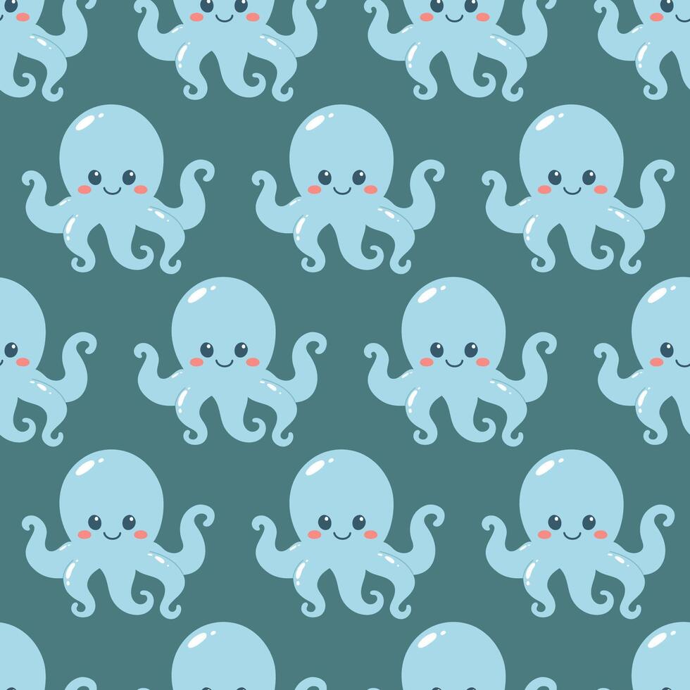 Seamless pattern of cute octopus on blue background. Marine life animals. Template for print, baby shower, wallpaper, greeting cards and invitation. vector