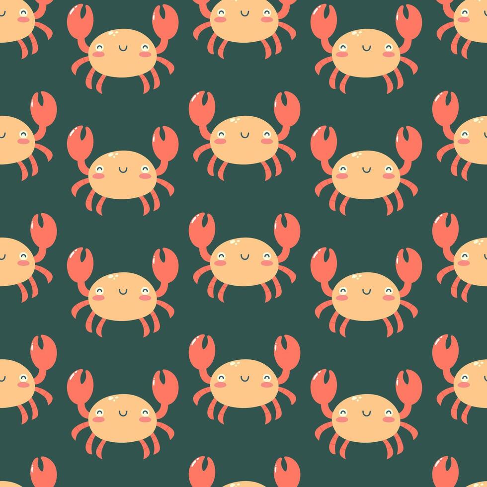 Seamless pattern with hand drawn cute crab on dark green background. Marine life animals. Template for print, fabric, greeting card and invitation. vector