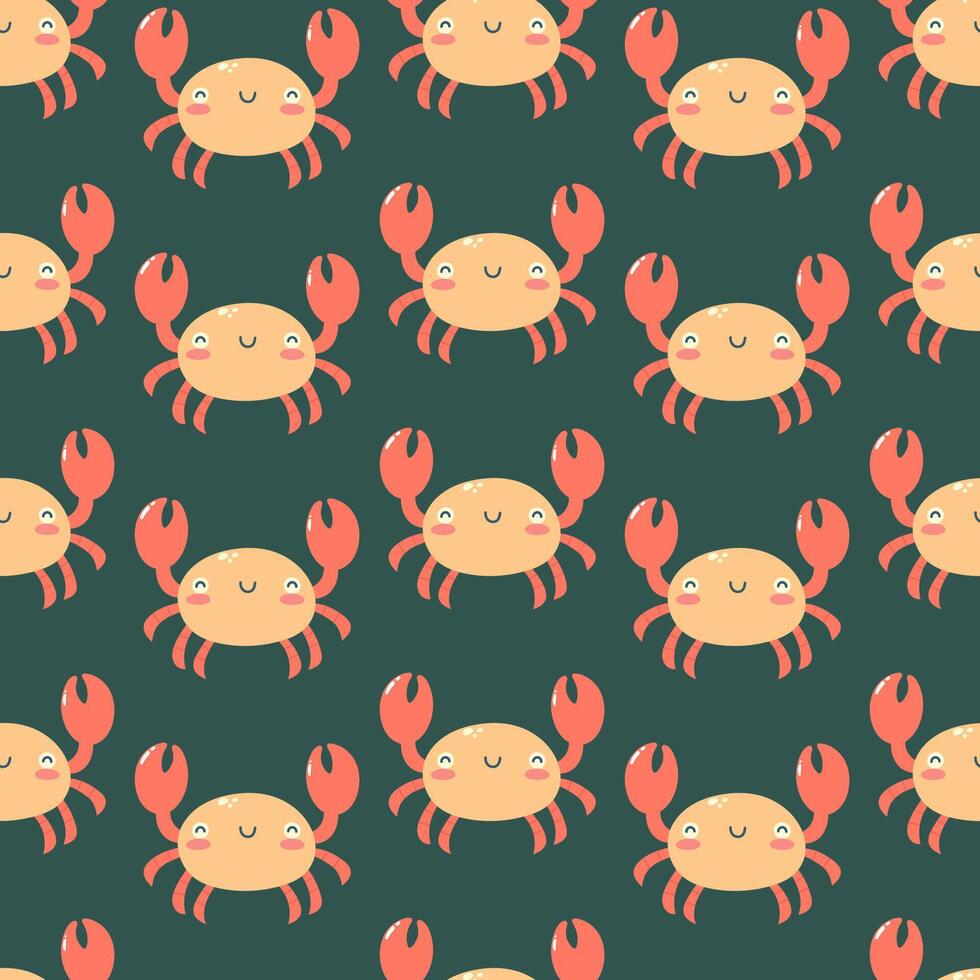 Seamless pattern with hand drawn cute crab on dark green background. Marine life animals. Template for print, fabric, greeting card and invitation. vector