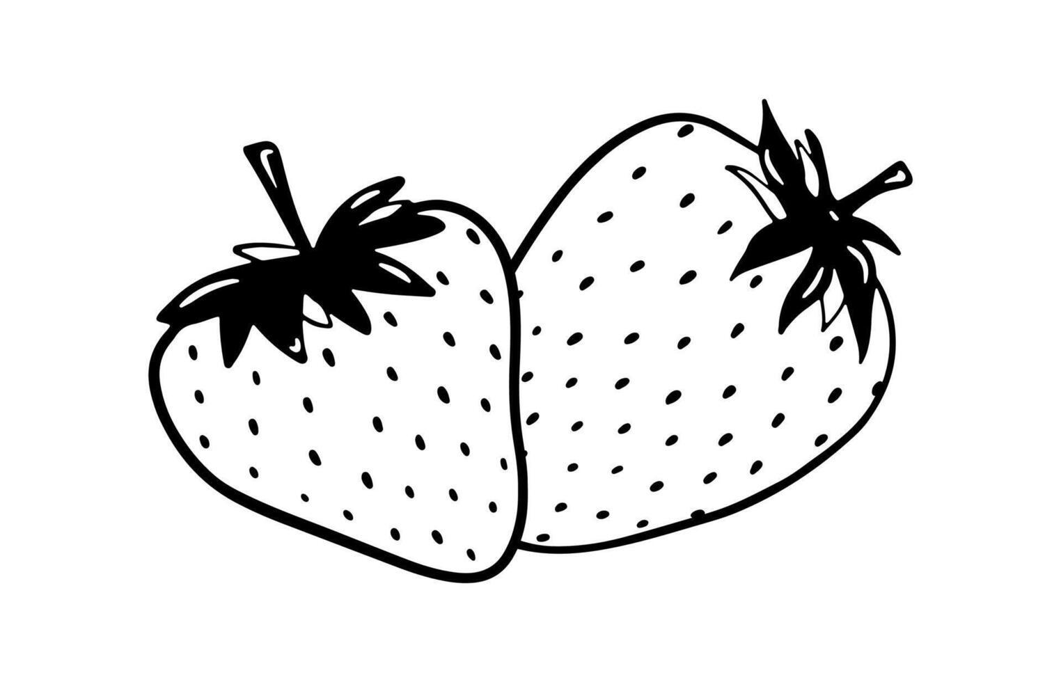 Doodle strawberry. Two cross elements. Black hand drawn abstract fruit with leaves. Sketch berry drawing vector