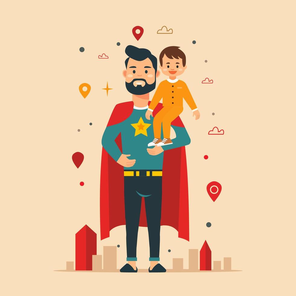 Happy Father Day Celebration with Character of Dad as Superhero Hero Holding His Son vector