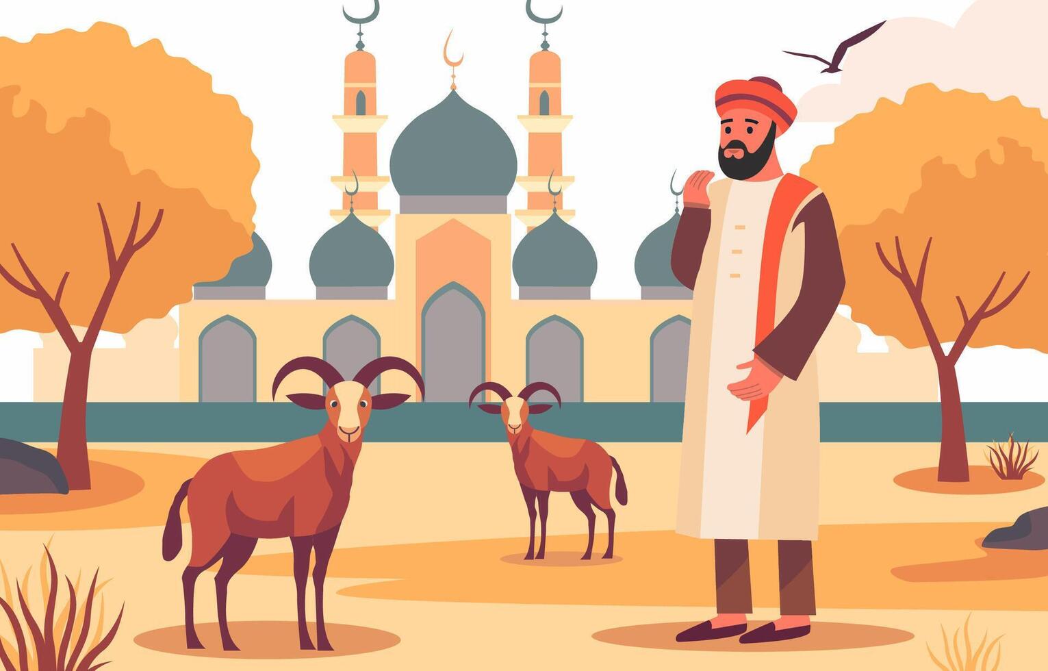 árabe musulmán hombre con oveja cabra en frente de mezquita para islámico eid Alabama adha vector