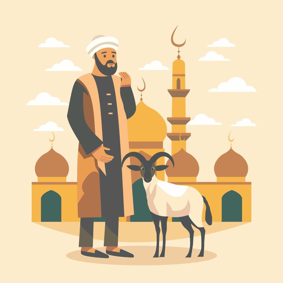 Arabian Muslim Man with Sheep Goat in Front of Mosque for Islamic Eid Al Adha vector