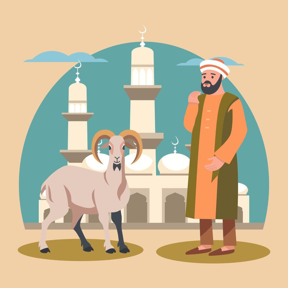 Arabian Muslim Man with Sheep Goat in Front of Mosque for Islamic Eid Al Adha vector