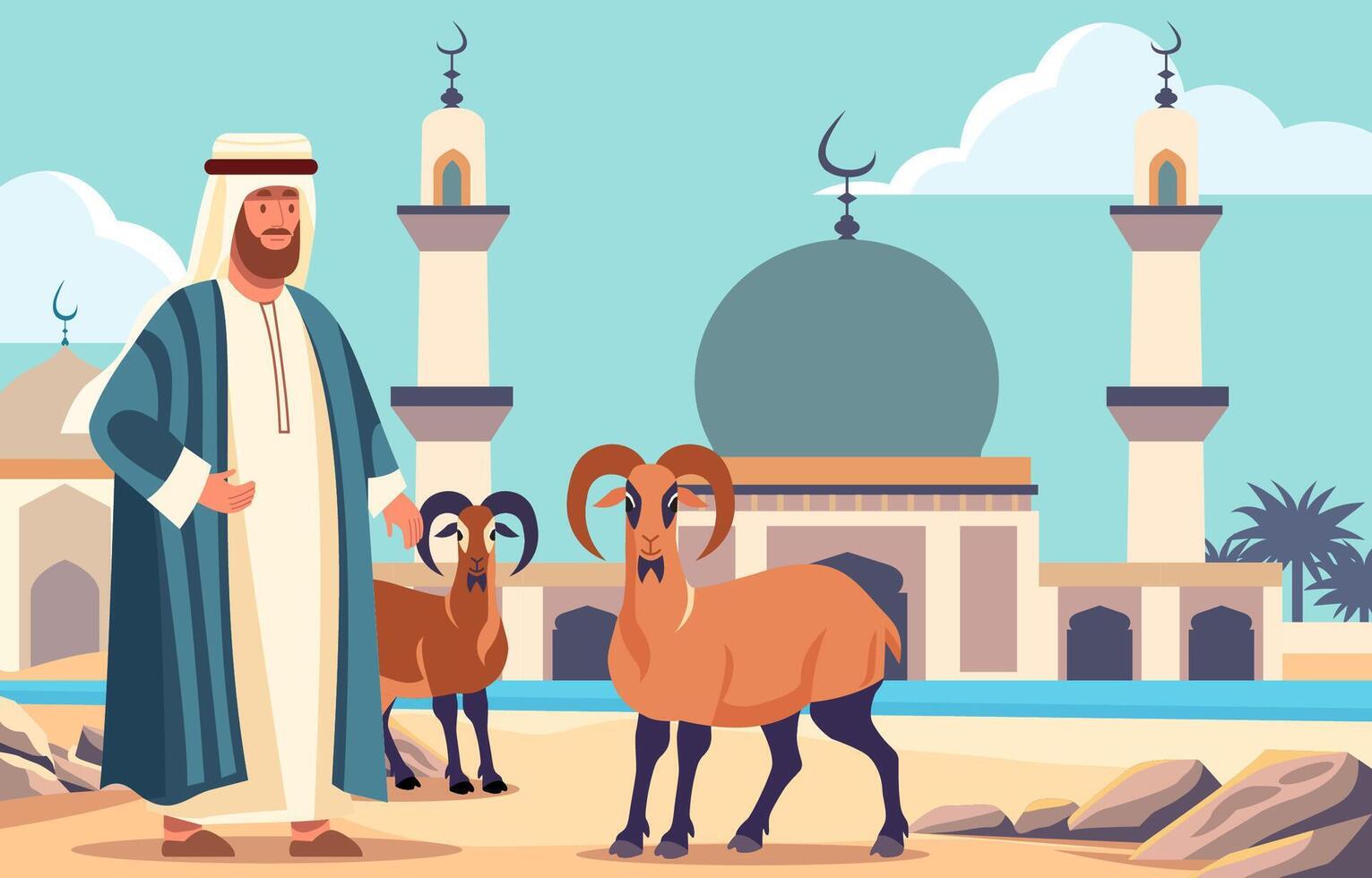 Arabian Muslim Man with Sheep Goat in Front of Mosque for Islamic Eid Al Adha vector