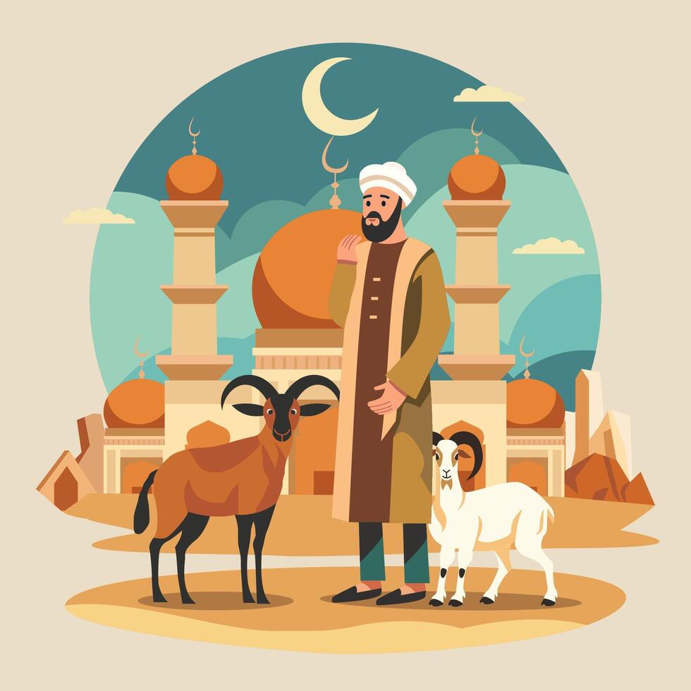 Arabian Muslim Man with Sheep Goat in Front of Mosque for Islamic Eid Al Adha vector