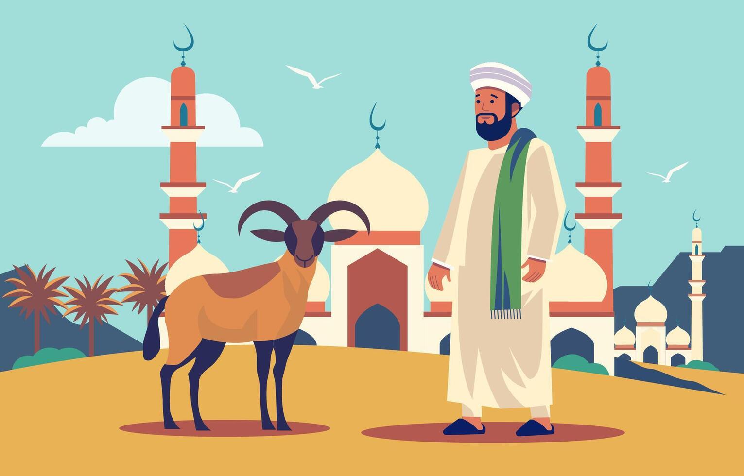 Arabian Muslim Man with Sheep Goat in Front of Mosque for Islamic Eid Al Adha vector