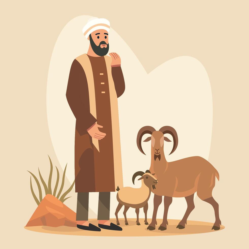 Islamic Arabian Muslim Man with Sheep Goat in Eid Al Adha Celebration vector