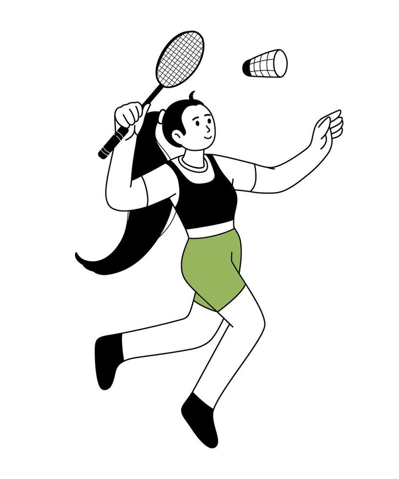 Badminton outline illustration. One Badminton player jumping smash shot. Character for sports standings web, postcard, mascot, sport school. Healthy lifestyle background. line illustration. vector