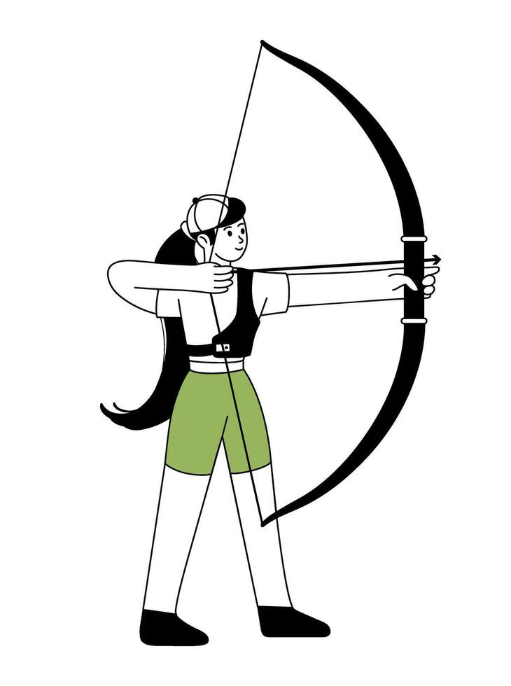 Archery women outline icon. Women's sports championship. Character for sports standings, website, postcard, mascot, school. Healthy lifestyle. Shoots bow. modern line Illustration. vector
