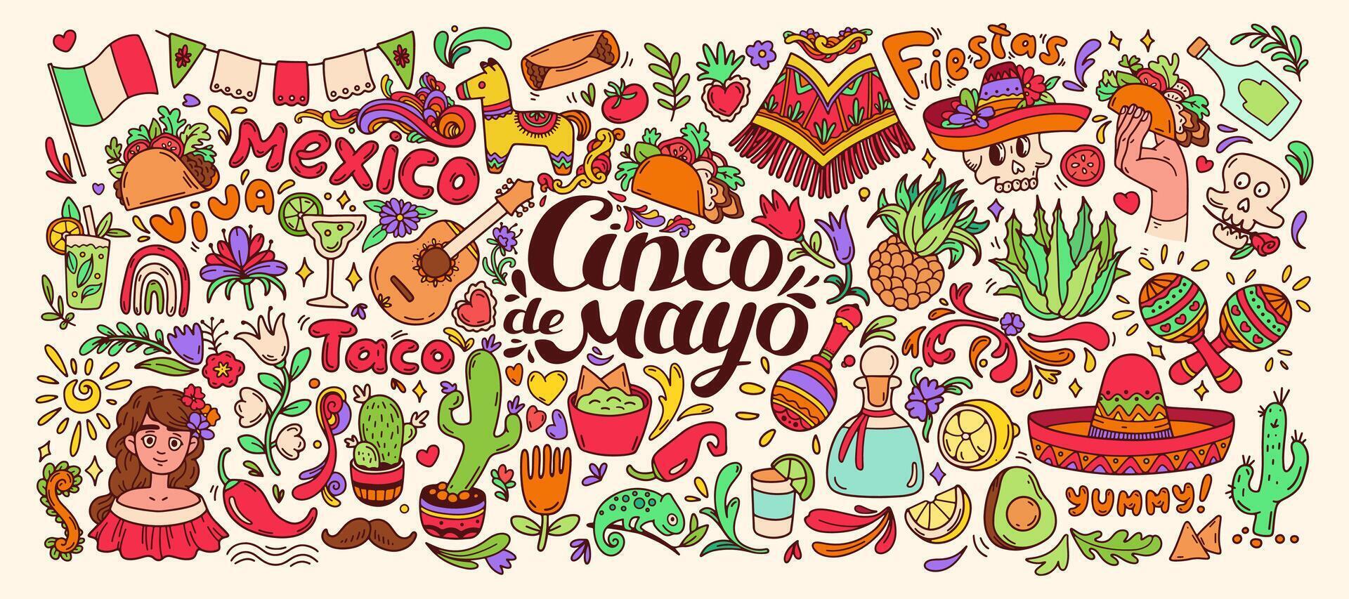 Cinco de Mayo doodle set color. Mexican food elements, traditions, plants big collection. Mexican celebration background. Guitar, sombrero, maracas, cactus and chili, taco, tequila isolated on white. vector