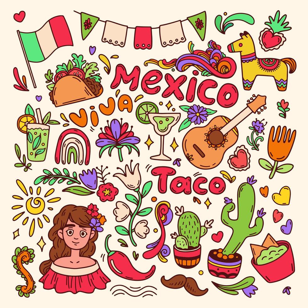 Viva Mexico icons set. Square color celebration background. Banner and social media post for Mexican federal holiday Cinco de Mayo. Mexican heritage and culture. Doodle illustration vector