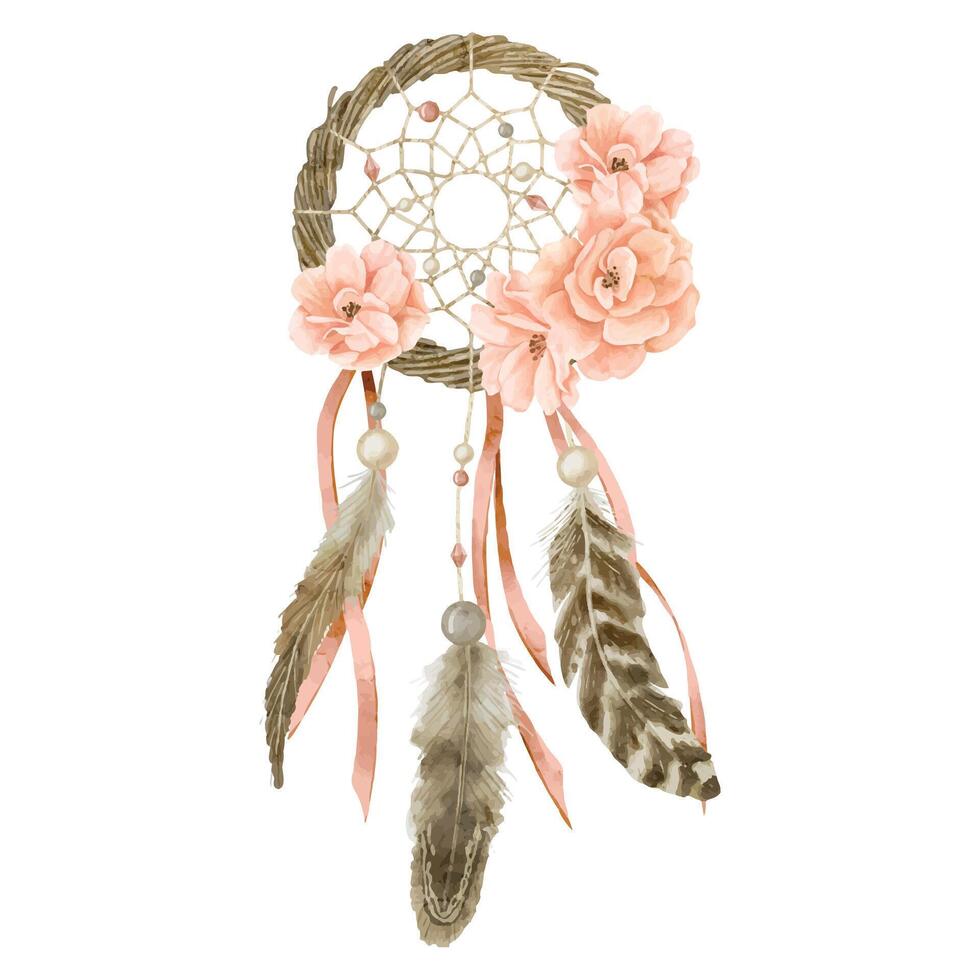 Dreamcatcher watercolor illustration. Drawing of dream catcher with rose flowers on isolated background in boho style. Bohemian tribal amulet with feather and ribbons for wedding invitations or icon vector