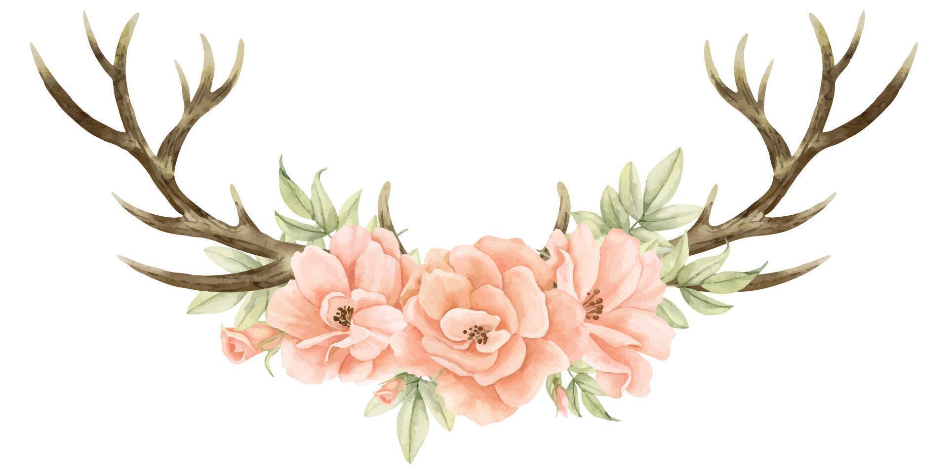 Watercolor deer Horns with rose flowers. Hand drawn floral illustration of Antlers and plants on isolated background for greeting cards or invitations in boho style. Bohemian drawing with tribal sign vector