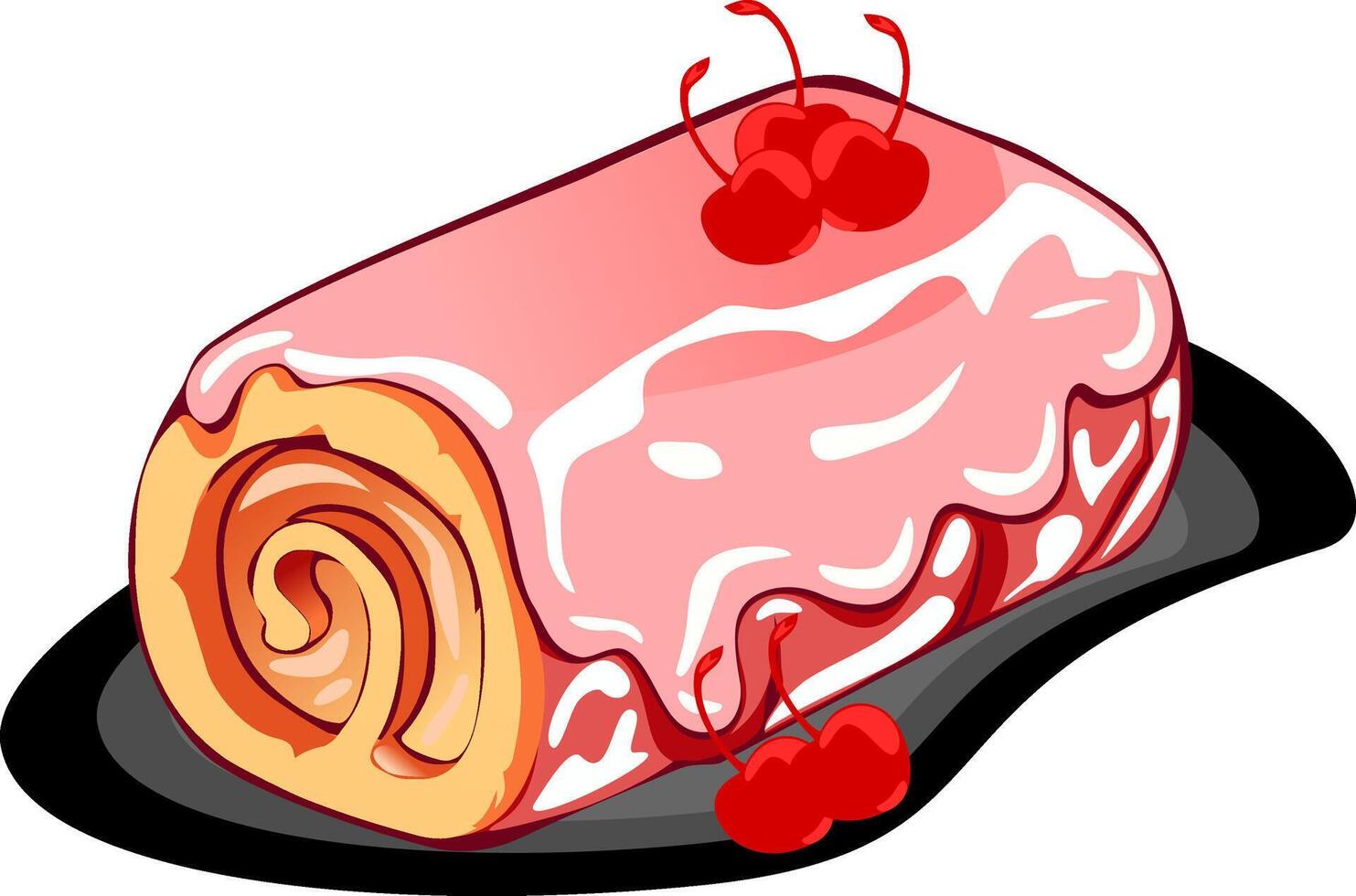 Cake with cream and cherry on a plate. vector