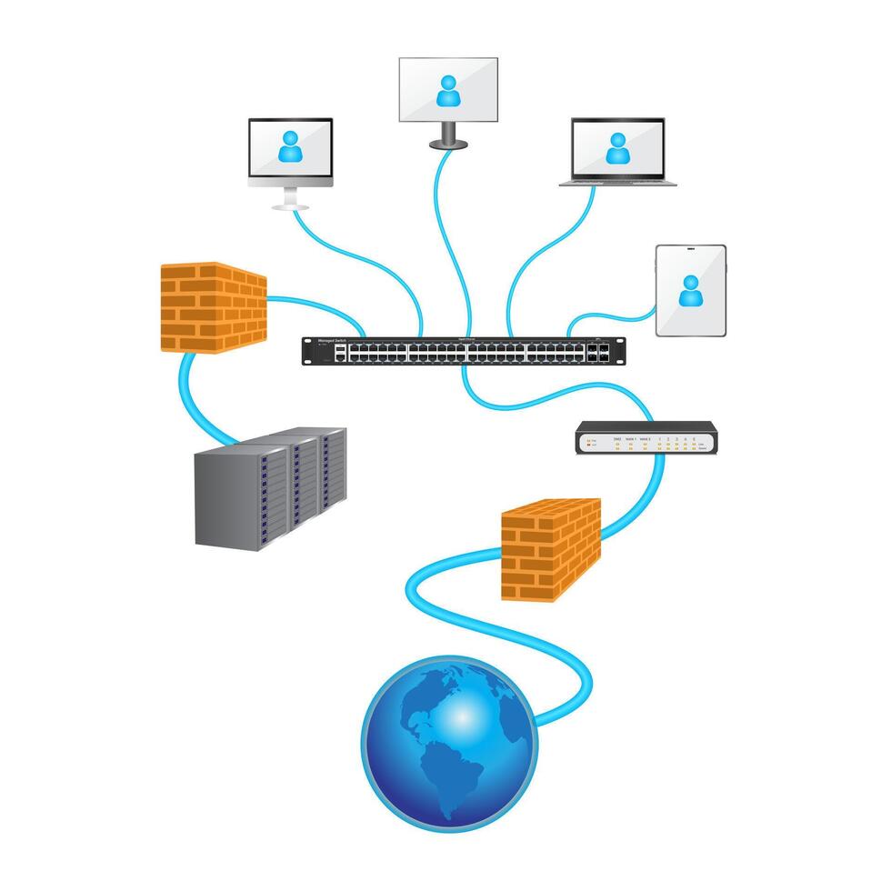 Lan network 3D diagram for business and technology concept. WAN of computer networking. vector